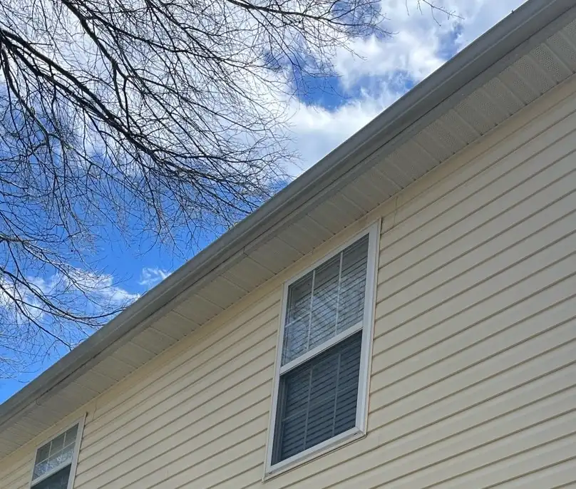 Beige vinyl siding and upstairs windows under a blue sky after a house wash