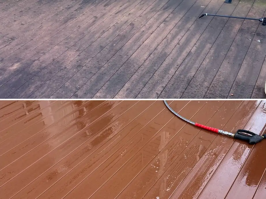 Top: a red composite deck dulled grey with grime. Bottom: the same deck rinsed, wet and red again, with the wand on the boards
