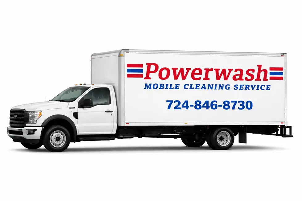 White box truck lettered Powerwash Mobile Cleaning Service with the phone number 724-846-8730